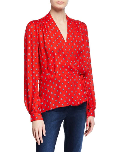 L Agence Cara Printed-silk Wrap Blouse In Royal Red Maestro