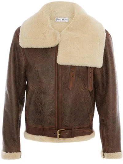 Jw Anderson Shearling Collar Aviator Jacket In Brown