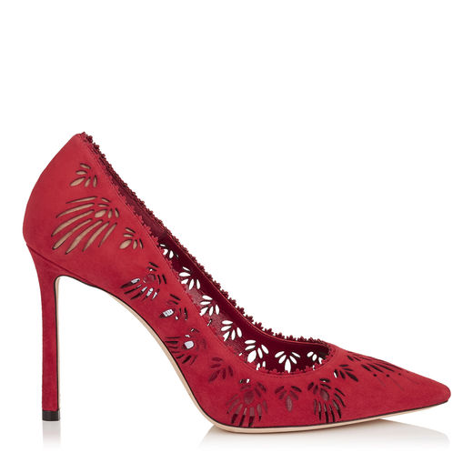 Jimmy Choo Romy 100 Red Perforated Suede Pointy Toe Pumps | ModeSens