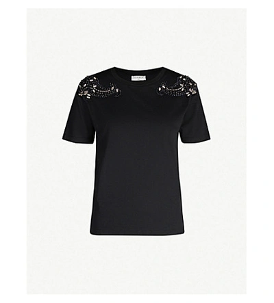 Sandro Embellished Cotton-jersey T-shirt In Black