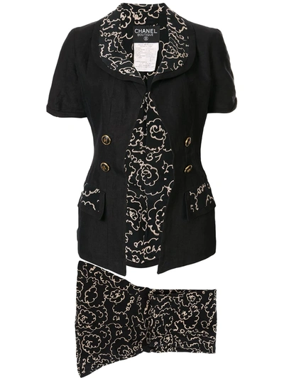 Pre-owned Chanel Sketch Floral Printed Skirt Suit In Black