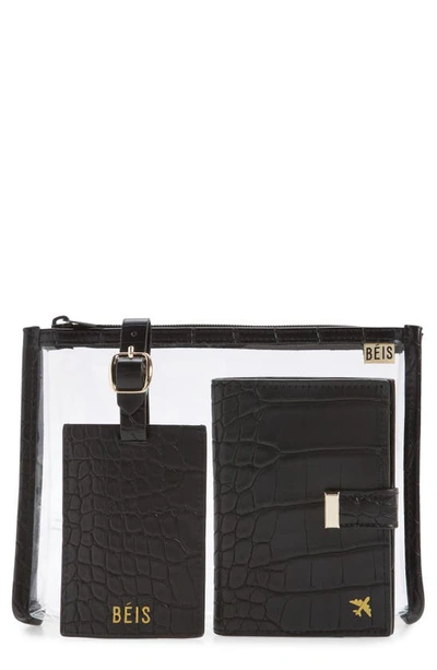 Beis The Travel Set Passport Wallet, Pouch & Luggage Tag In Black Croc