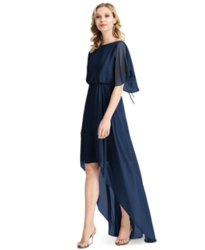 Jenny Packham Flutter Sleeve High/low Chiffon Gown In Midnight Blue