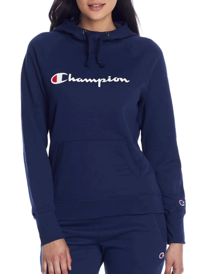 Champion Women's Powerblend Cotton Logo Hoodie In Athletic Navy