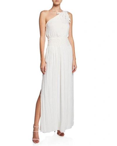 Halston Heritage One-shoulder Smocked-waist Gown With Floral Applique In Ivory