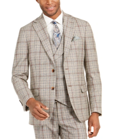 Tallia Orange Men's Slim-fit Brown Plaid Flannel Suit Jacket