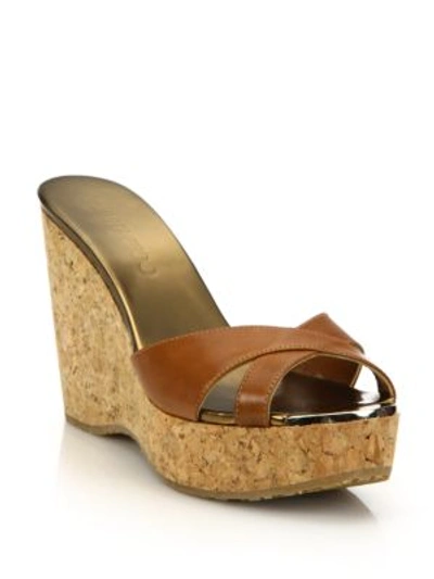 Jimmy Choo Leather & Cork Platform Wedge Sandals In Canyon