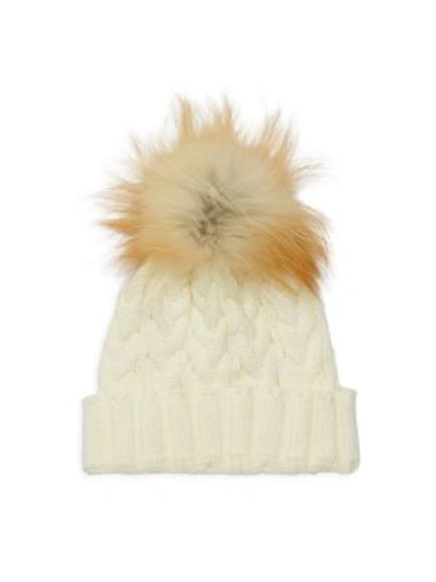 Adrienne Landau Fox Fur Pom Pom Cable-knit Hat In White