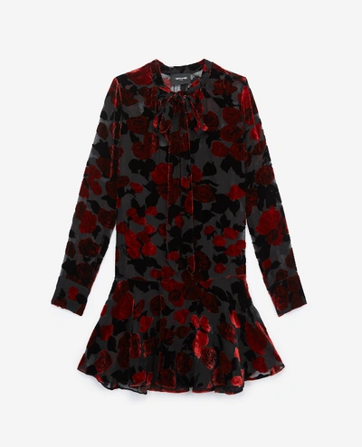 The Kooples Short Frill Dress In Black Floral Print In Black/red