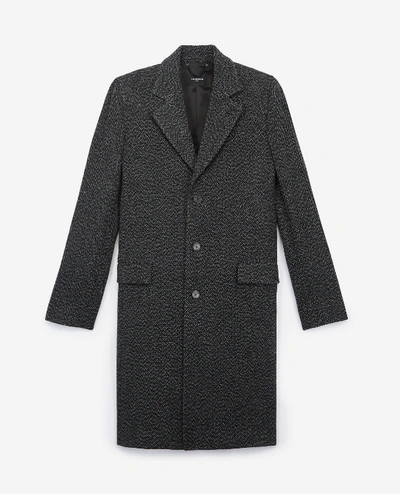 The Kooples Martingale Belt Grey Leather Collar Wool Coat In Gray Chine