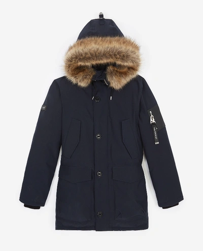 The Kooples Blue Parka With Faux Fur Hood In Navy