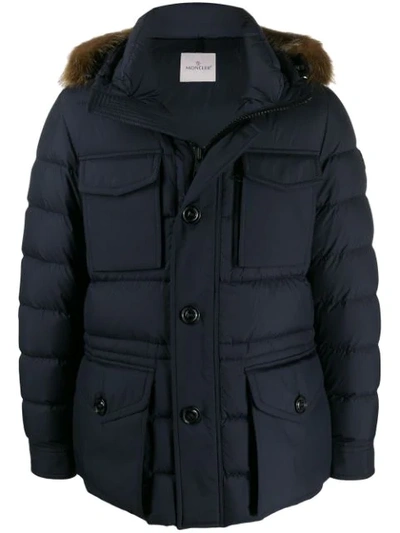 Moncler Augert Padded Fur-trimmed Hood Coat In Blue