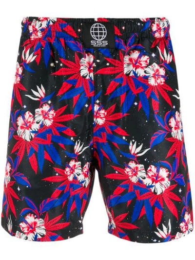 Sss World Corp Space Hibiscus Swim Shorts In Black