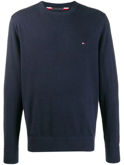 Tommy Hilfiger Embroidered Logo Crew Neck Sweater In Blue
