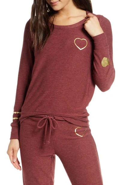 Chaser Cozy Knit Golden Heart Sweatshirt In Dark Ruby