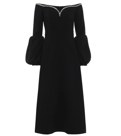 Self-portrait Crystal Trim Off The Shoulder Long Sleeve Midi Dress In Black