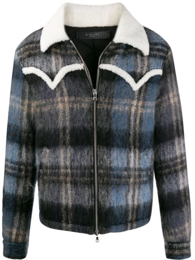 Amiri Shearling-trimmed Checked Mohair-blend Jacket In Blue