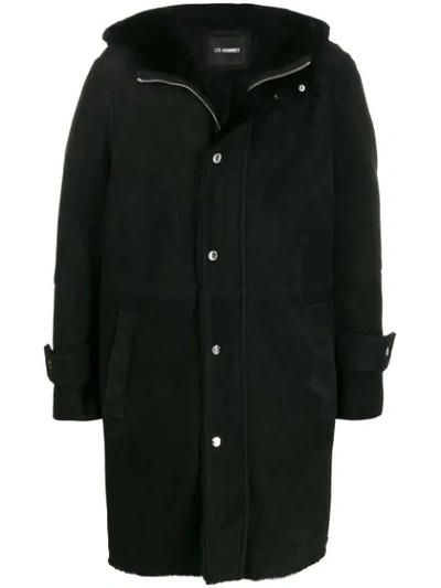 Les Hommes Contrast Textured Button Cuff Coat In Black