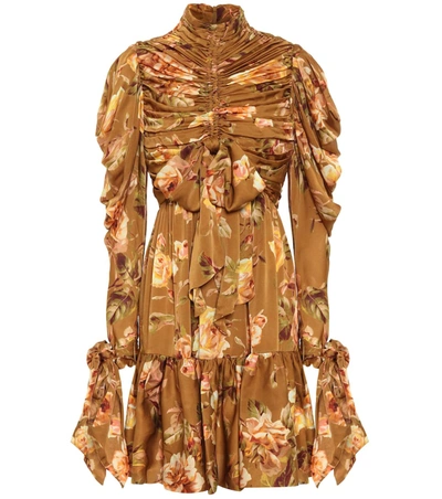 Zimmermann Resistance Bow-detailed Ruched Floral-print Silk-satin Mini Dress In Brown