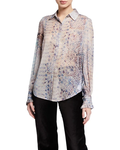 7 For All Mankind Ruffle-cuff Button-down Printed Top In Animal Print