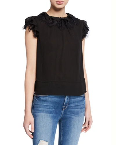 7 For All Mankind Ruffle-neck Sleeveless Lace Top In Jet Black