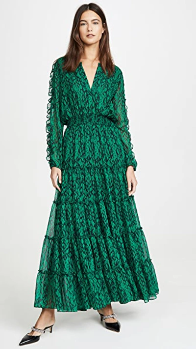 Misa Hadeya Printed Ruffle Maxi Dress In Green