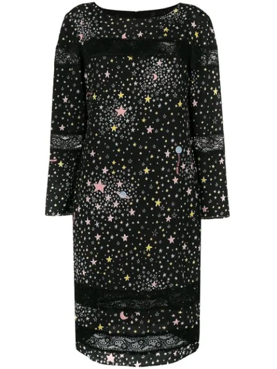 Boutique Moschino Lace-trimmed Printed Stretch-silk Mini Dress In Black