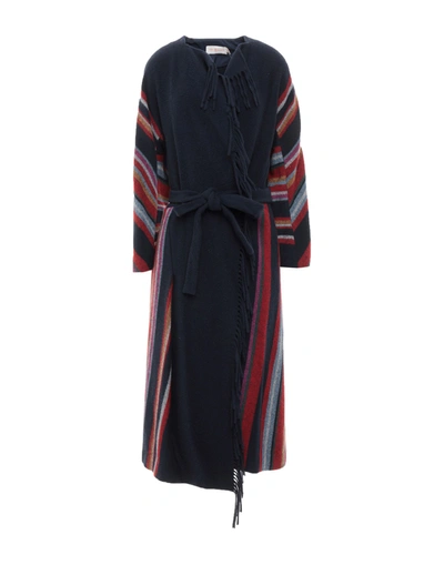 Tory Burch Belted Fringe-trimmed Striped Wool Coat In Dark Blue