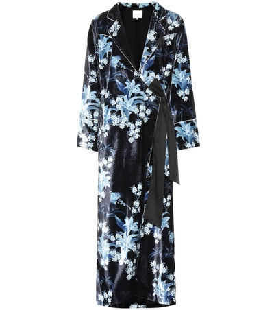 Johanna Ortiz New Sunrise Floral-print Velvet Kimono Coat W/ Side Tie In Navy
