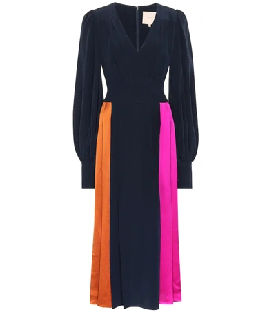 Roksanda Colourblock Long Sleeve Silk Crepe De Chine Midi Dress In Midnight/ Tobacco/ Heliotrope