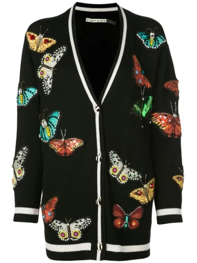 Alice And Olivia Bradford Embellished Butterfly Wool Blend Grandpa Cardigan In Black Multi