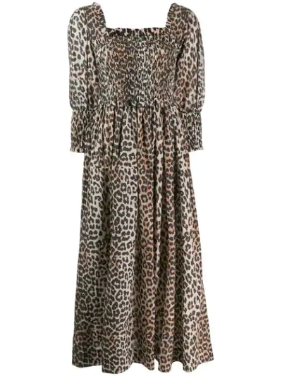 Ganni Ruched Leopard-print Dress In Brown