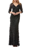 Carmen Marc Valvo Infusion Floral Applique Illusion Gown In Black