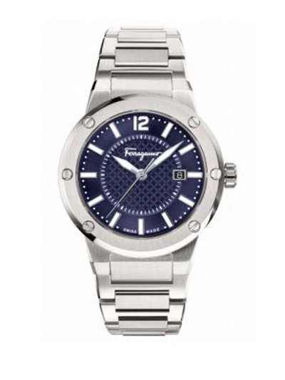 Ferragamo Mens F-80 Stainless Steel Bracelet Watch In Silver/ Blue