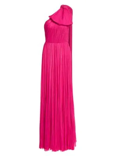 J Mendel Women's One-shoulder Puff Bow Pleated Silk Gown In Fuchsia