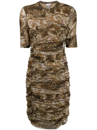 Ganni Ruched Graphic Snake Dress In Brown
