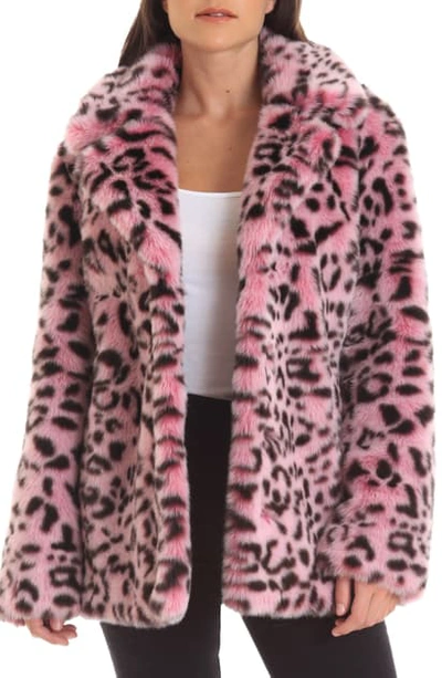 Avec Les Filles Animal Print Faux Fur Coat In Pink Leopard