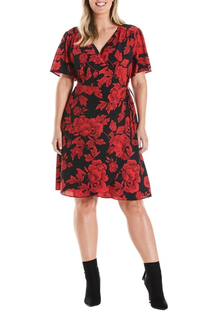 Estelle Crimson Garden Short Sleeve Wrap Dress In Print