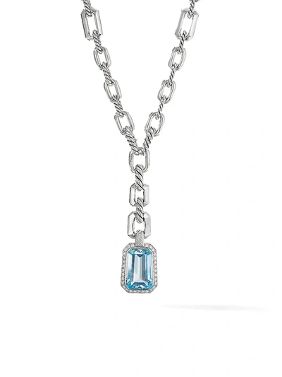David Yurman Sterling Silver Stax Drop Pendant Necklace With Blue Topaz & Diamonds, 17.5 In Blue/silver