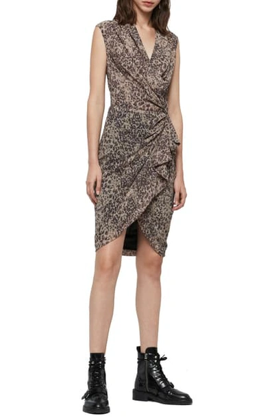 Allsaints Cancity Patch Leopard Print Wrap Dress In Camel Brown