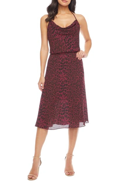 Dress The Population Zherra Leopard Print Cowl Neck Halter Dress In Burgundy Leopard Multi