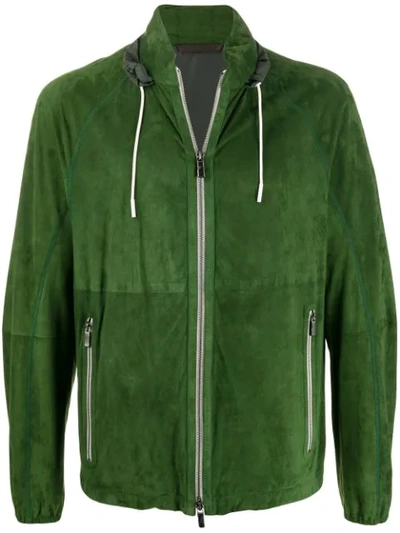 Ermenegildo Zegna Leather Zipped Sweater Jacket In Green