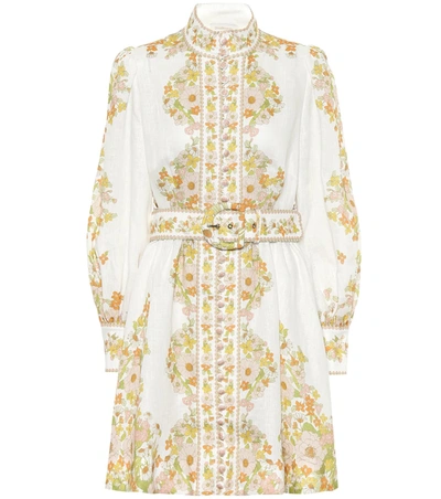 Zimmermann Super Eight Belted Floral-print Linen Mini Dress In Pink Meadow