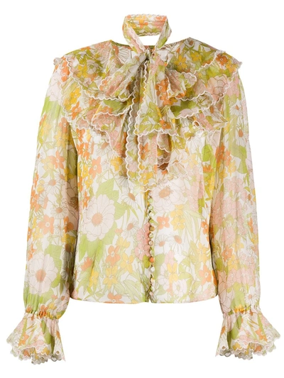 Zimmermann Super 8 Floral Silk Ruffle Tieneck Puff-sleeve Blouse In Pink Meadow