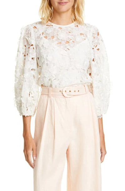 Zimmermann Super 8 Lift Off Floral Lace Puff-sleeve Blouse In Ivory