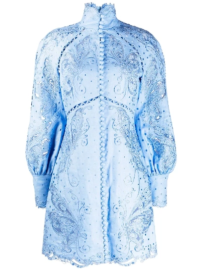Zimmermann Super 8 Lace Eyelet Embroidered Mini Silk & Linen Sheath Turtleneck Dress In Blue