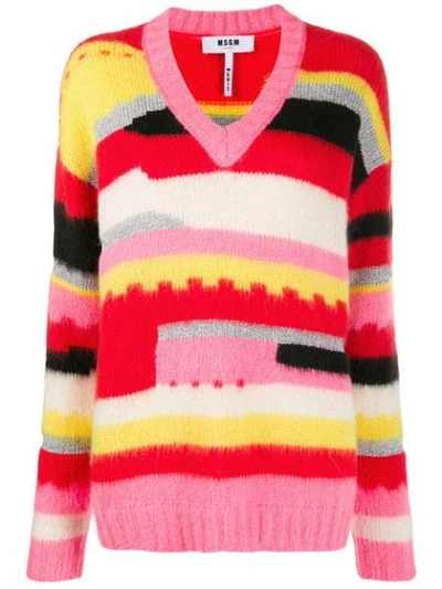 Msgm Graphic Print V-neck Jumper In Yellow