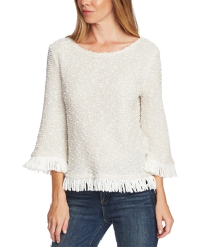 Vince Camuto Textured Fringe Trim Pullover In Antique White