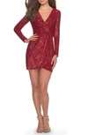 La Femme Long Sleeve Sequin Minidress In Red