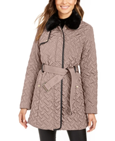 Cole Haan Faux-leather Trim Belted Faux-fur Quilted Coat In Cashew